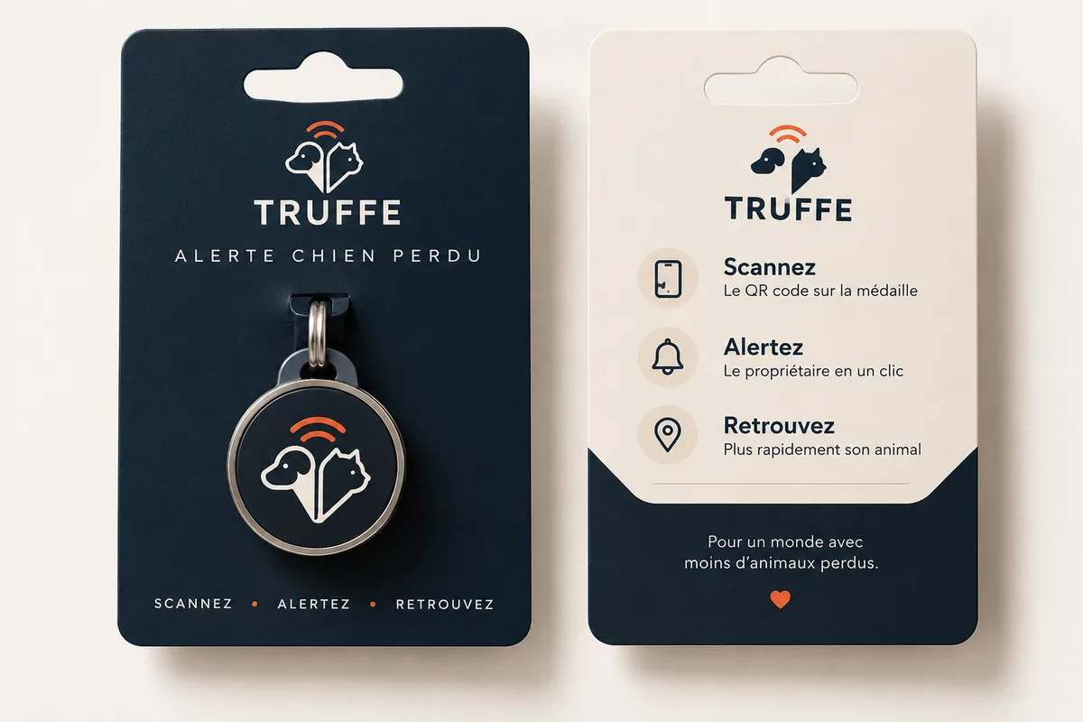 La carte TRUFFE : le médaillon présenté sur sa carte, et le dos de la carte (Scannez, Alertez, Retrouvez)